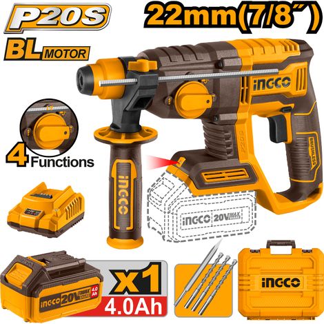 Ingco Martillo combinado LI-ION 20 V 2,0J CRHLI202081 + Batería 4 Ah + Cargador