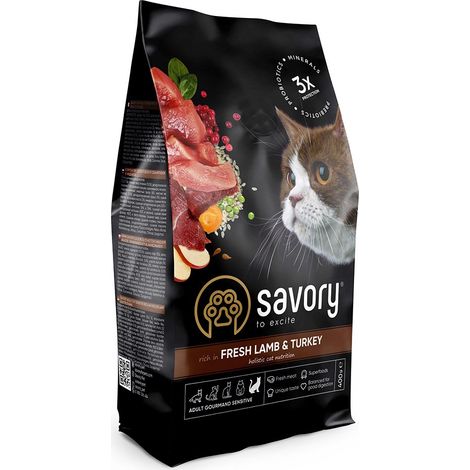 Croquettes Savory Premium pour chat adulte, agneau et dinde, saveur sensible, 400 g (1/5)