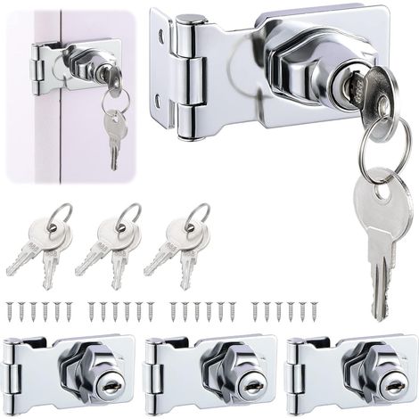4 Pièces Moraillon de Verrouillage en Acier Inoxydable, 2,5 Pouces Loquets et Verrous de Portes de Sécurité Cadenas avec Clés et Vis, Moraillon de Loquet pour Portes Door Cabinet Cupboard (1/5)