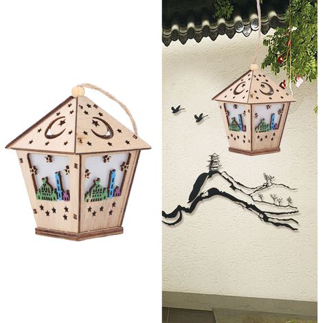 Lámpara de Ramadán, modelo único de casa de madera en 3D con iluminación integrada para decoraciones festivas. (1/5)