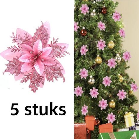 5 x Fleurs de Noël artificielles - rose - décoration de Noël - pour arbre de Noël, guirlande, couronne (1/5)