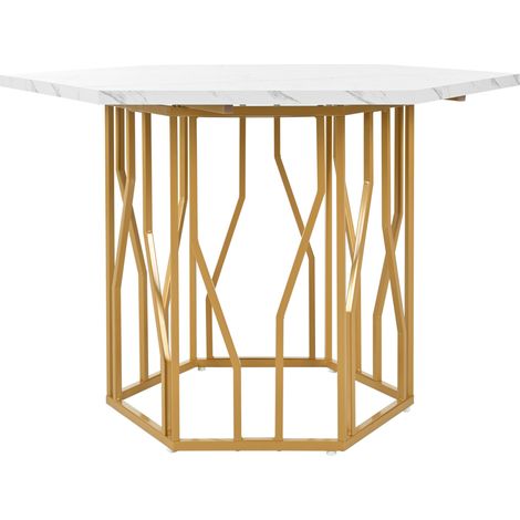 Tavolo da pranzo esagonale in MDF effetto marmo bianco con base metallica dorata (1/5)