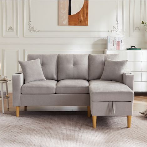 Sofá esquinero modular 175x129x90 cm en tejido gris claro, con almacenaje para salón FloraGrace (1/5)