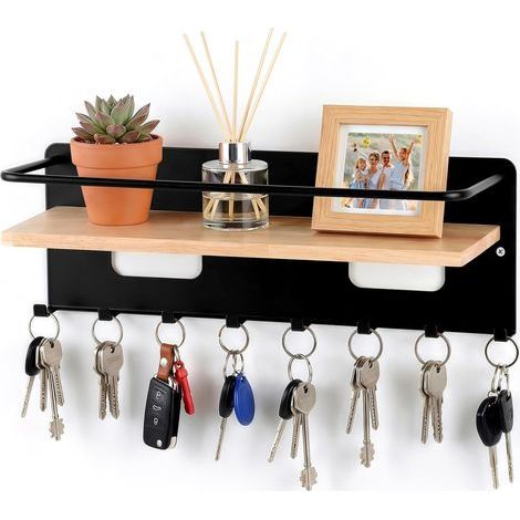 1 - Porte-clés - Étagère murale - 8 crochets en bois et acier - Organisation pour entrée et salon - Naturel - 60x20cm (1/5)