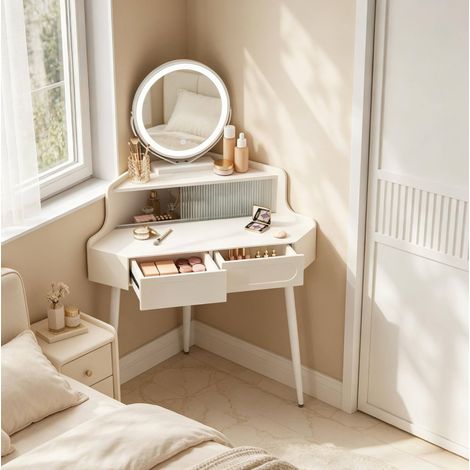 Tavolo da toeletta angolare 99x139x63 cm, specchio rotondo dimmerabile, 2 cassetti, MDF bianco (1/4)