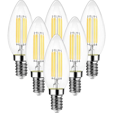 Ampoule Filament Bougie Vintage LED E14, Ampoules 6W LED Filament équivalent ampoule traditionnelle 60W, E14 Ampoules Culot Vintage Edison Blanc Chaud 2700K 750LM, Lot de 6 [Classe énergétique E] (1/5)