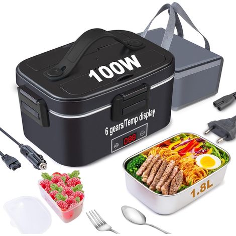 Heating Bowl with Temperature Display 80 W Removable Stainless Steel Lunch Box for Car Truck Office 12 V/24 V/220 V with Bag Black Easy for 20-30 minutes, 100W fast heating, 304 stainless steel, with (1/5)
