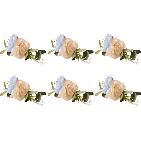Serviettenringe – 6 Stück, dekorative Stoffschlaufen mit Rosen und Eukalyptus – Elegante Tischdekoration (1/5)