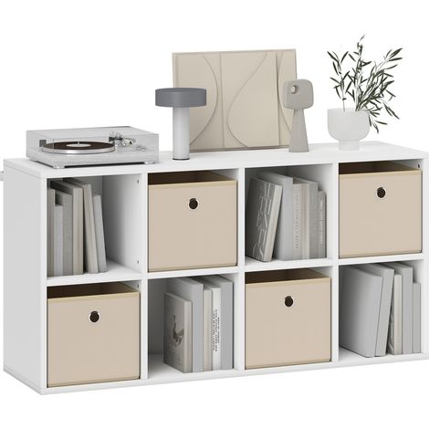 Scaffale a 8 scomparti con 4 cassetti in tessuto orizzontali o verticali per soggiorno o camera da letto, 105,9 x 30 x 53,7 cm, bianco e beige (1/5)