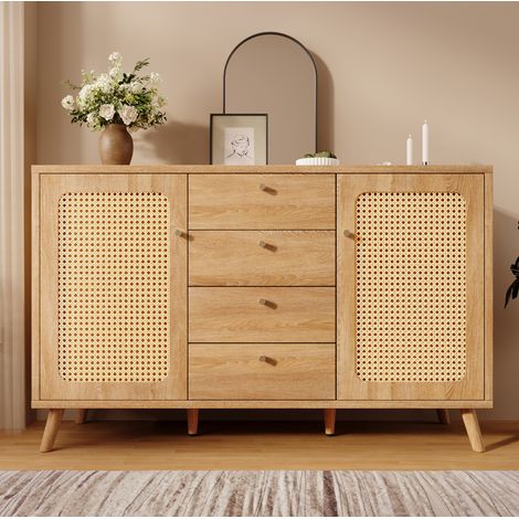 Buffet 140x40x86 cm, 4 tiroirs, 2 portes, étagères réglables, panneaux de particules et MDF, chêne clair (1/4)