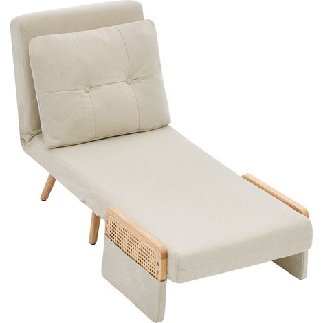 Fauteuil convertible 3 en 1 beige, dossier réglable 5 positions, couchage 1 place avec accoudoirs en rotin et coussin (1/5)