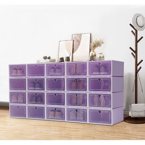 20 boîtes à chaussures en plastique empilables et pliables, tiroirs, boîtes de rangement DIY, grandes boîtes à chaussures, modèle violet avec cœur.