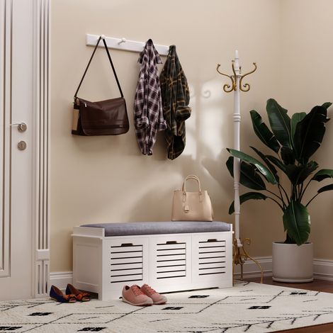 Rangement Banc à chaussures meuble à avec 3 tiroirs et coussin d'assise amovible 108l x 35P x 43H cm - blanc