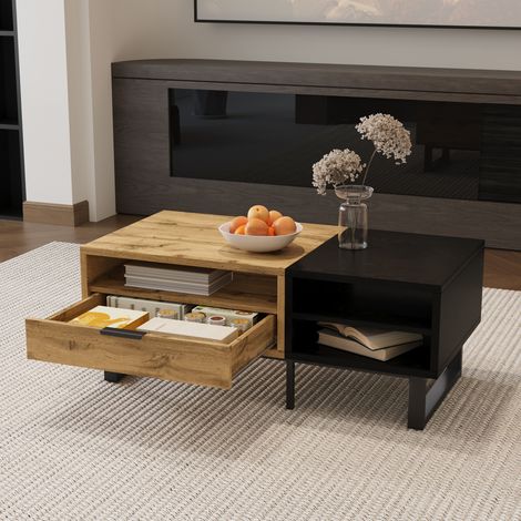 Table Basse de Salon Style Industriel Bicolore - Table de Café Effet Bois et Noir avec 3 Niches Ouvertes, Tiroir de Rangement et Pieds en Métal - 100x50x40cm - Nature+Noir (1/5)