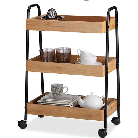 Carrello Trolley Cucina in Metallo 3 Ripiani in legno 4 Ruote Salvaspazio Nero (1/5)