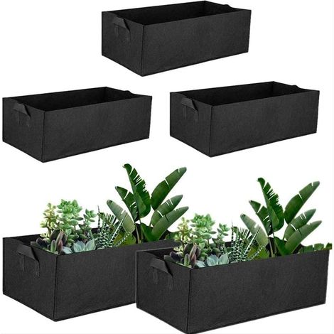 5er-Pack rechteckige Pflanzsäcke aus Filz, quadratische Pflanzgefäße aus Stoff mit Griffen, für den Innen- und Außenbereich, geeignet für Blumen, Gemüse und Tomaten, 60 x 30 x 20 cm, Schwarz (1/5)