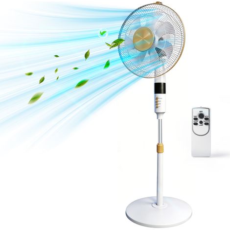 Ventilateur sur pied 60w, 7 pales de 40 cm de diamètre avec télécommande, pour chambre, salon, bureau, 3 vitesses, minuterie, hauteur réglable, tête inclinable, timer 9h, blanc (1/5)