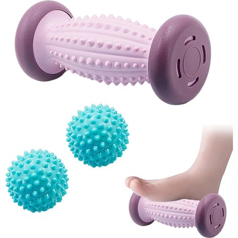 Rodillo de masaje para pies + 2 bolas de masaje para arco, rodillo de masaje para fascitis plantar, relajación de manos y cuerpo (morado) (1/5)