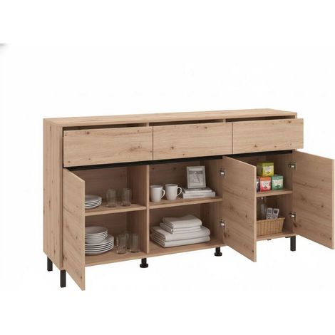 Credenza Giarre, Madia 3 Cassetti, 3 Ripiani, Apertura Battente e Scorrevole, 157x40x90h cm Marrone Rovere Nodi