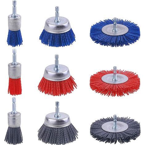 Brosse Abrasive Nylon - Tige Hexagonale 1/4 Pouces - Pour Ponçage Bois. Décapage Rouille Peinture - Lot de 9 (1/5)