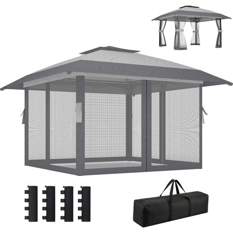 Tonnelle pliante réglable en hauteur 4x4 m gris protection UV30+