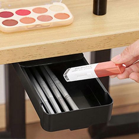 Lot de deux boîtes de rangement pour tiroirs sous bureau, boîtes de rangement dissimulées, boîtes de papeterie auto-adhésives, boîtes de rangement pour divers articles de bureau et produits cosmétique (1/3)