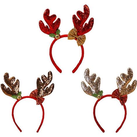 Lot de 3 décorations de Noël : serre-tête à paillettes en forme de bois de cerf avec clochettes (rouge + or + café)-24X21cm