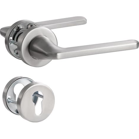 Poignée de Porte Nickel, Garniture de Prothèse en Acier Inoxydable Brossé Mat, Poignée pour Porte d'Entrée et Porte Intérieure, Forme en L, Rosace Ronde, PZ - Cylindre de Profil (1/5)