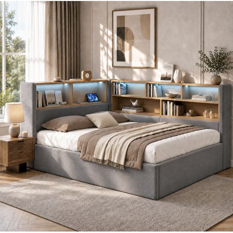 Cama con almacenaje 140x190 cm hidráulica con LED, USB y respaldo, terciopelo gris DESVIAE (1/5)