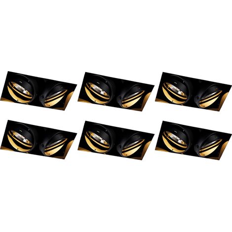 QAZQA Moderno Set de 6 focos empotrables negros GU10 AR111 sin marco 2 luces - Oneon Acero Rectangular Adecuado para LED Max. 2 x 50 Watt