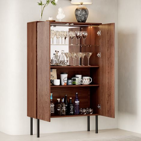 Vitrina con luz LED, fondo de espejo y balda de cristal, 80 x 35 x 145 cm, marrón HAVRYA (1/5)