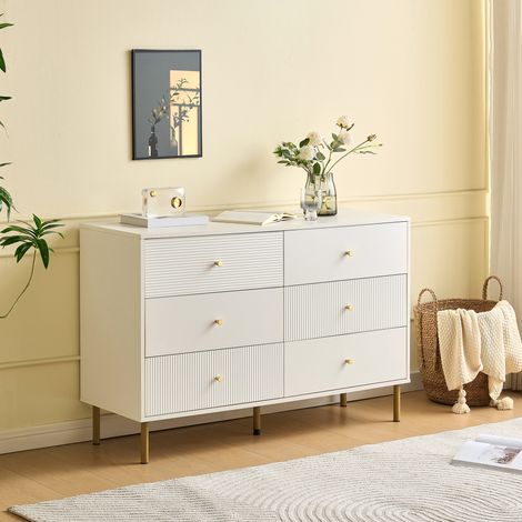 REDOM Buffet 120x40x78cm 6 tiroirs spacieux MDF poignées en alliage de zinc pieds en acier blanc (1/5)