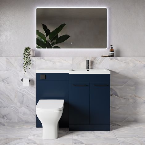 Napoli 390 Deep Blue 1100mm 2 Door Vanity Unit Toilet Suite with Square Right Hand Lucia Basin - 1100mm - Matt Black 160mm HandleWith Kingston Toilet Pan and Seat
