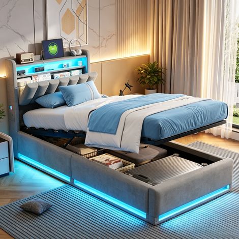 JOOKGBD-Polsterbett Einzelbett 90x200cm,Hydraulisches Bett mit Bettkasten und Lattenrost,Jugendbett,Staufach-Kopfteil mit LED und USB Ladestation, Stauraumbett Funktionsbett,Samt,Ohne Matratze,Grau