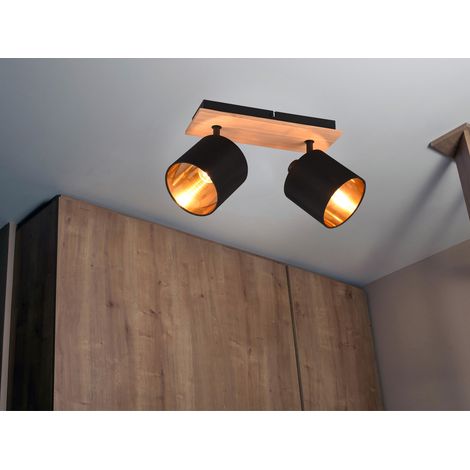 LED Deckenstrahler 2-flammig Holz, Stoffschirme Schwarz Gold, Breite 28cm (1/5)
