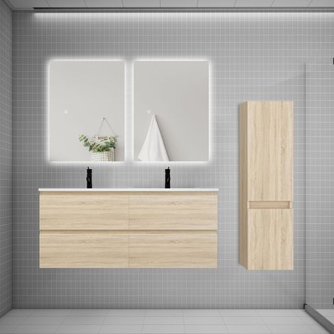 Ensemble meuble de salle de bain et lavabo chêne (L.120cm) 4 tiroirs + meuble haut + lavabo + miroir LED2
