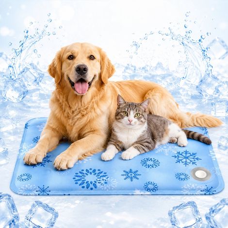 Tappetino rinfrescante per cani e gatti in PVC, raffreddato ad acqua, 40x50 cm, azzurro con motivo a fiocchi di neve.