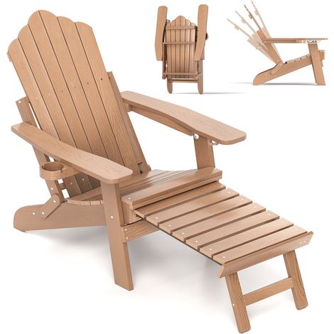 COSTWAY HIPS Garden Lounge Chair Adirondack Chair w/Retractable Footrest-Brown (1/5)