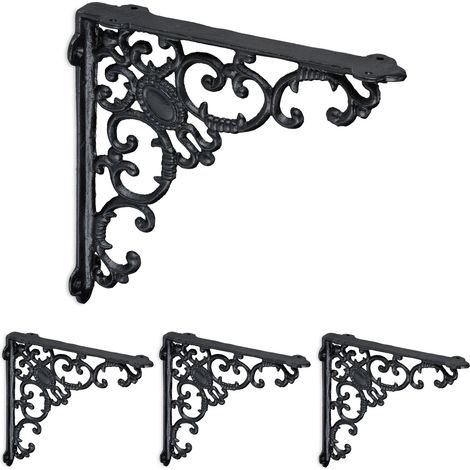Relaxdays Shelf Brackets, Set of 4, Cast Iron, Antique Style Supports, for Wall-Mounted Shelves, 21.5x4x21.5 cm, Black
