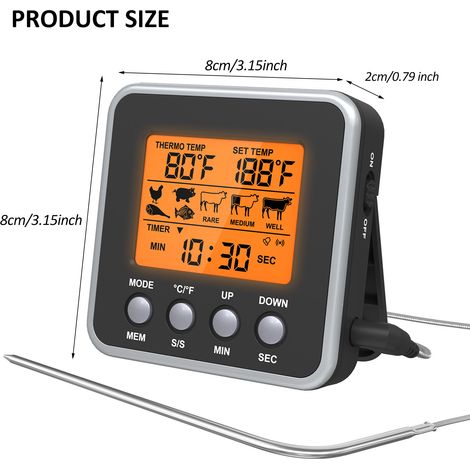 Termometro digitale per alimenti con display LCD retroilluminato arancione, termometro per carne con sonda, forno per griglia, affumicatore, barbecue, cottura, 7 temperature preimpostate e timer. (1/5)