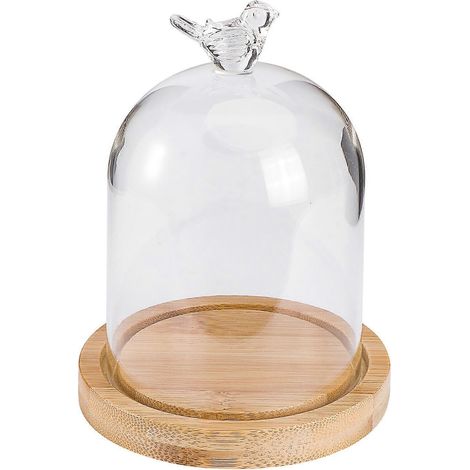Cloche en verre pour fleurs séchées, cloche en verre pour fleurs stabilisées, cloche en verre transparente à faire soi-même, cloche en verre avec base en bois et motif oiseaux-8.513CM