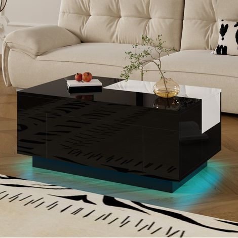 Tavolino da salotto in MDF nero e bianco lucido 80 cm con piano estraibile, cassetto e LED (1/5)
