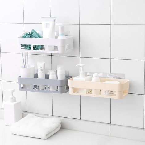 Panier de douche mural adhésif en plastique, étagère de rangement pour salle de bain (Beige) (1/2)