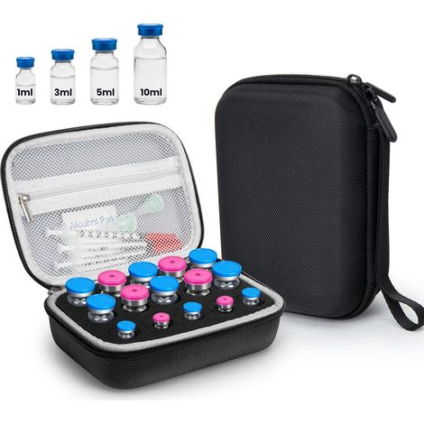 Étui de Rangement pour Peptides – 15 Flacons, Mousse Ajustable 1ml/3ml/5ml/10ml, Coque EVA Imperméable, Anti-Choc, Voyage & Frigo, pour GLP-1, Insuline, Diluant Bactériostatique (Noir)