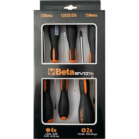 BETA - Set 6 Giraviti Evox Lama Piatta e Phillips con Impugnatura Ergonomica, Serie Cacciaviti Professionali Cromati per Officina Manutenzione Meccanica e Tecnica, 1203E/D6 (1/6)