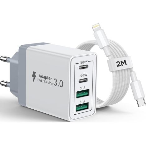 Chargeur iPhone Rapide Certifié MFi Câble Lightning pour iPhone 14/13/12/11/Pro Max Plus Mini SE XR X XS 8 7 6, 40W 4 Port Chargeur USB C avec Câble Lightning 2m, Adaptateur Secteur USB-C (1/5)