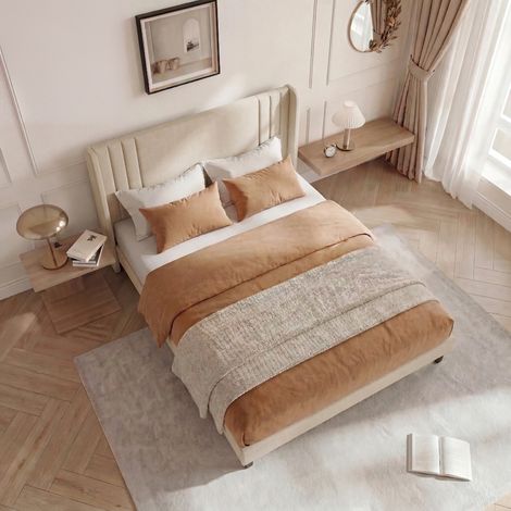 Letto 160x200 cm - Letto matrimoniale 160x200 - Struttura letto 160 con rete a doghe - Robusta e facile da montare - in lino beige (1/5)