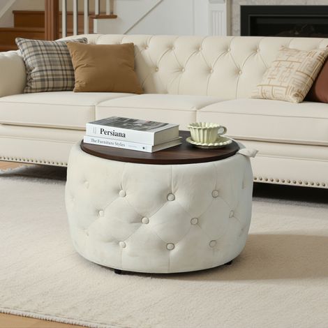 Set de 2 tabourets gigognes en velours beige, fonction 4-en-1, repose-pieds rond avec rangement intégré et plateau en bois, sans montage, 58x58x38 cm (1/5)