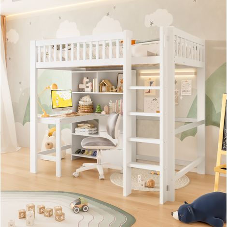 Cama alta 90x200 cm blanca de pino con escritorio, escalera y 3 cajones (1/5)