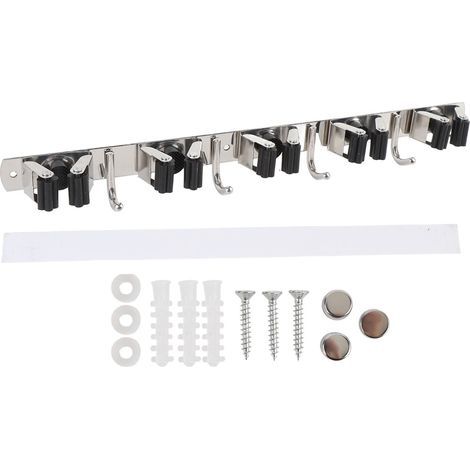 Support mural pour vadrouille et balai, en acier inoxydable 304, 5 fentes, 4 crochets, pour Garage, buanderie, placard (1/5)